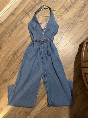 Denim Halter Jumpsuit with Belt - Blue